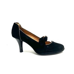 Vintage Y2K black suede platform Mary Jane rosette heels
